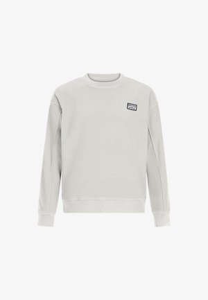 Light gray fleece sweatshirt with a crew neck, ribbed cuffs, and hem. Features a small, blue logo patch on the chest. Soft texture, relaxed fit.