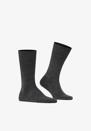 Paar schlichte dunkelgraue Socken bis zur Mitte der Wade, auf weißem Hintergrund dargestellt, eines steht aufrecht, das andere ist seitlich geneigt.