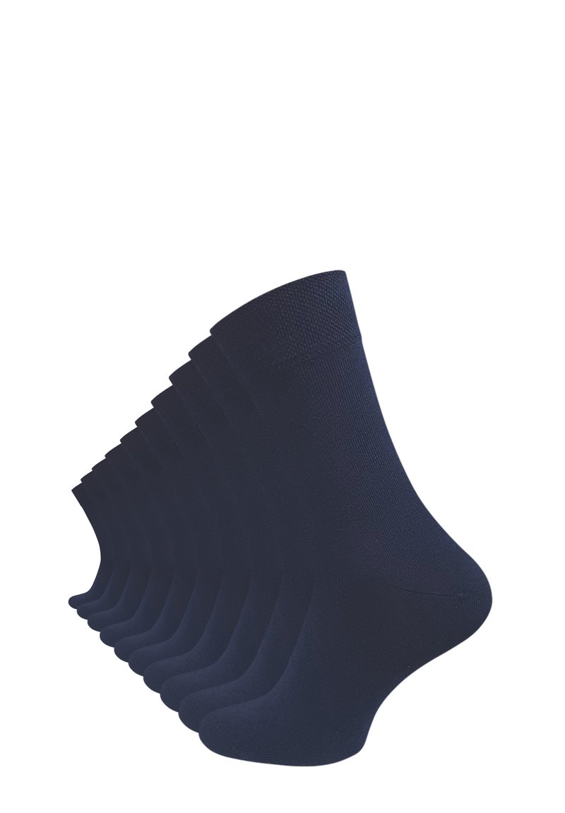 Calze di cotone blu navy disposte in fila, con una fascia a coste, texture liscia e un design classico a lunghezza crew.