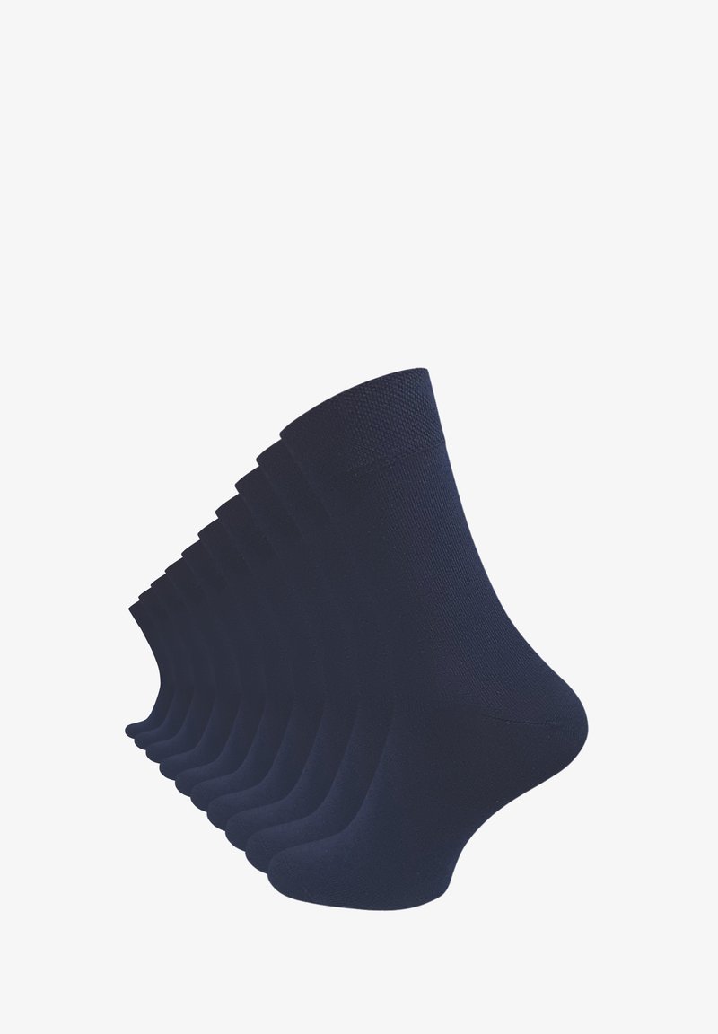 Chaussettes en coton bleu marine disposées en rangée, avec une bordure côtelée, une texture lisse et un design classique de longueur mi-mollet.