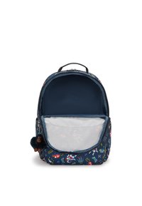 Zaino in tessuto blu navy con un motivo colorato a tema spaziale, maniglia superiore, chiusura con zip e una tasca interna trasparente. Presente un accento pom-pom.
