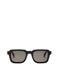 Lunettes de soleil rectangulaires noires avec des montures épaisses et des verres teintés foncés, vues de face sur un fond blanc.