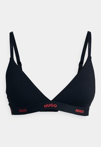 Zwarte driehoekige bralette van gladde stof met smalle bandjes en een brede band met op de voorkant het rode "HUGO" logo. Verstelbaar bandjes ontwerp.
