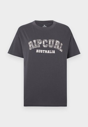 Dunkelgraues Baumwoll-T-Shirt mit kurzen Ärmeln, versehen mit einem weißen, gebogenen Aufdruck des Logos "RIPCURL AUSTRALIA" in fettem Stil.