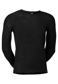 Black long-sleeve shirt made of lightweight fabric, featuring a round neckline and relaxed fit, with minimal seams and a hemmed finish.