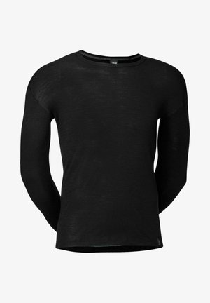 Sort langærmet skjorte lavet af letvægtsstof, med rund halsudskæring og afslappet pasform, med minimale sømme og en afsluttet kant.