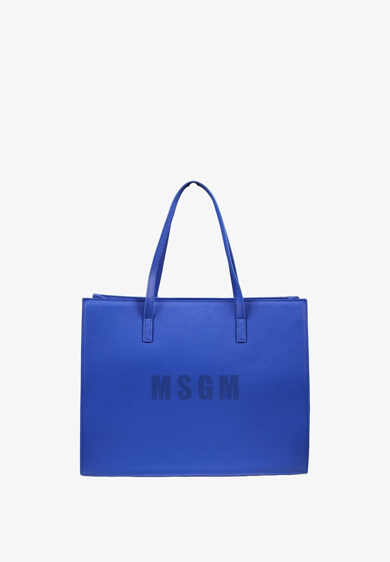Borsa tote blu con superficie testurizzata, due manici a spalla e un grande logo stampato "MSGM" sul davanti.