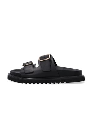 Black leather slide sandal with two adjustable buckle straps, a rounded front, and a ridged sole for traction. Smooth texture throughout.
