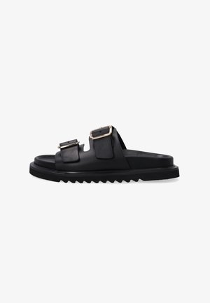 Sandale en cuir noir à glissière, avec deux sangles à boucle réglables, un devant arrondi et une semelle striée pour une meilleure traction. Texture lisse sur toute la surface.