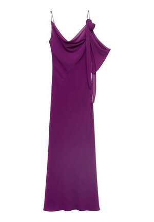 Purple evening dress with draped front, one shoulder strap, and flowing silhouette. Fabric appears soft with a smooth texture.