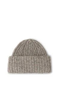 Wollen hoed in lichtgrijs met een ribbeltextuur, met een omgeslagen rand. Ronde vorm, geschikt voor koud weer.