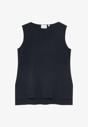 Ärmellose schwarze Damenbluse mit rundem Ausschnitt und leicht ausgestelltem Saum, Größe 36, Markenname "Comma" auf dem Etikett sichtbar.