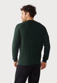 Pull en tricot côtelé vert avec un design texturé, des poignets et un ourlet côtes. Porté avec un jean foncé, montrant un style décontracté.