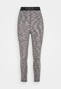 Legginsy Nike Pro w kolorze melanżowej szarości, z elastycznym czarnym pasem i dopasowanym krojem. Wykonane z gładkiego, rozciągliwego materiału.