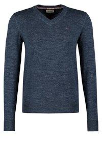 Pull bleu marine à col en V avec manches longues, petit logo Tommy Hilfiger sur la poitrine gauche et poignets côtelés.