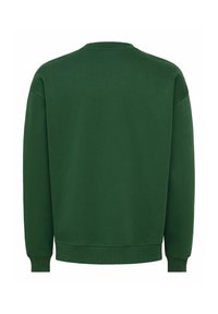 Sweat-shirt vert foncé à manches longues avec col rond, poignets et ourlet côtelés, vu de dos sur fond blanc.