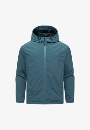 Blauw lichtgewicht jack met capuchon, ritssluiting aan de voorkant, verstelbare trekkoorden bij de capuchon en zijzakken, ontworpen voor buitengebruik.