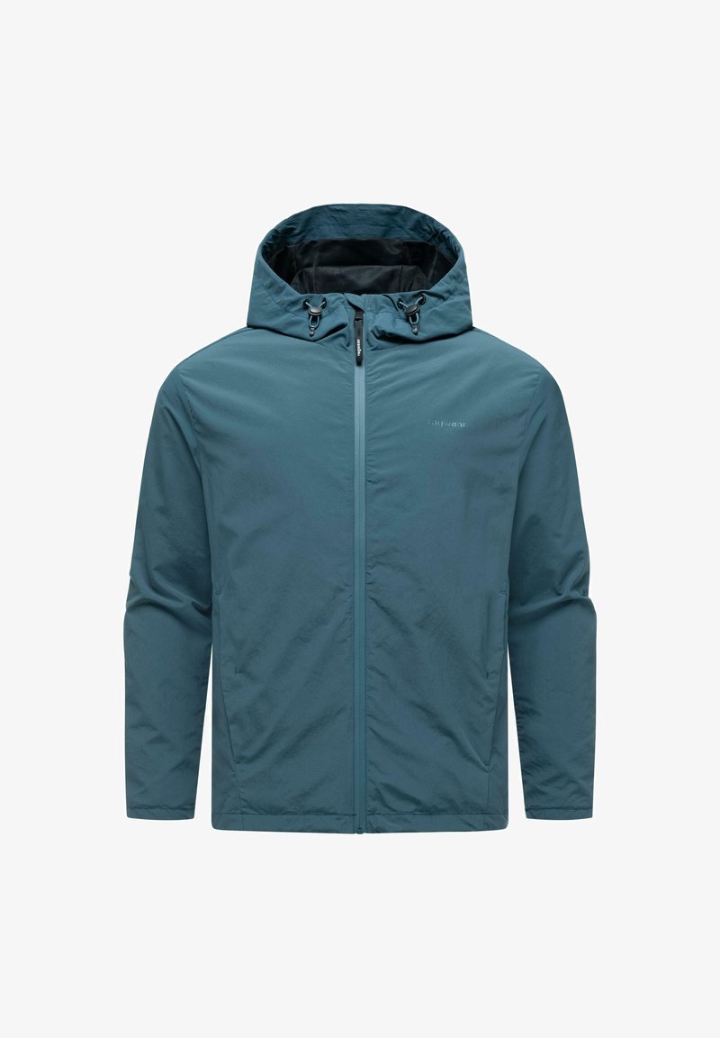 Blå letvægts hættetrøje med lynlås foran, justerbare snore i hætten og sidelommer, designet til udendørs brug.