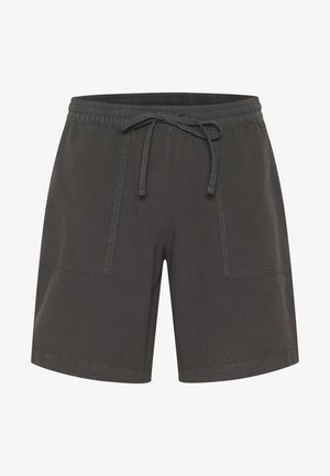 Szare bawełniane szorty z elastycznym paskiem i sznurkiem do regulacji, wyposażone w dwie przednie kieszenie wpuszczane oraz luźny krój.