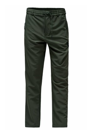 Pantalon léger vert olive avec une taille élastique, un cordon de serrage et des poches latérales zippées. Texture lisse avec une coupe ajustée.