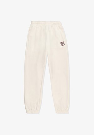 Kreemivärvi fliispüksid elastse vöökoha ja varrukatega, millel on marooni värvi logo vasakul reitel. Pehme, sile tekstuur.