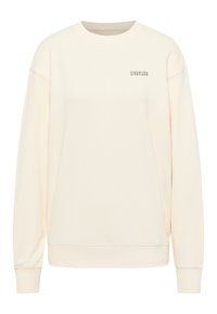 Kremowy sweter z okrągłym dekoltem, długimi rękawami, ribbowymi mankietami i dołem, z minimalistycznym napisem "MUSTANG" w subtelnych akcentach.