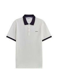 Polo bianco in cotone, con colletto e polsini navy, patta con tre bottoni e un piccolo logo sul petto.