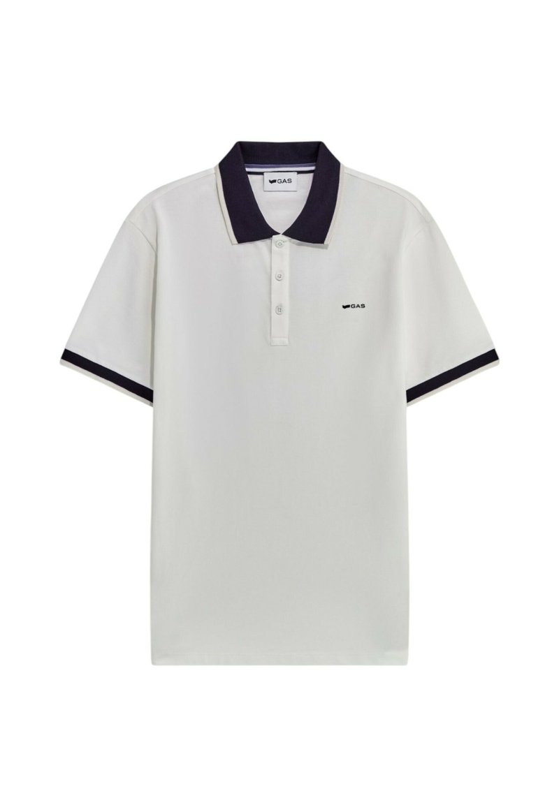 Polo bianco in cotone, con colletto e polsini navy, patta con tre bottoni e un piccolo logo sul petto.