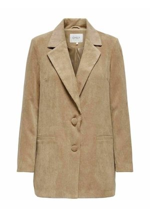 Blazer en velours côtelé beige avec revers crantés, deux boutons recouverts, poches fendues à l'avant, manches longues et doublure lisse à l'intérieur.