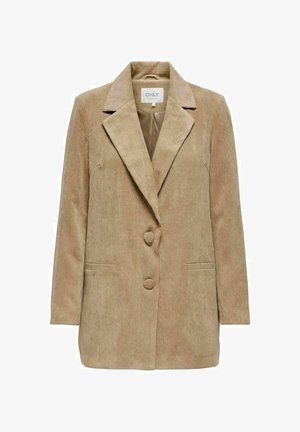 Blazer de pana beige con solapas con muesca, dos botones cubiertos, bolsillos frontales con abertura, mangas largas y forro interior suave.