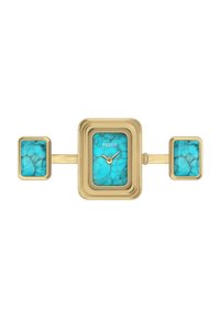 Montre rectangulaire dorée avec un cadran marbré turquoise, comportant deux accents assortis de chaque côté et une petite couronne à droite.