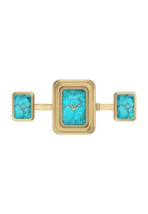Gold-tone rectangular watch with a turquoise marbled face, featuring two matching accents on either side and a small crown on the right.