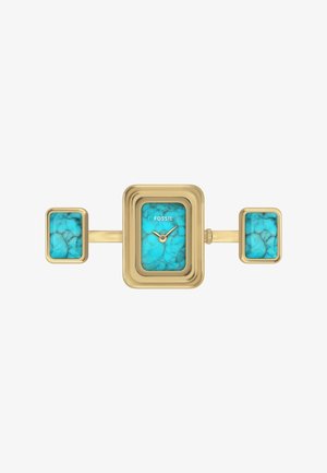 Orologio rettangolare color oro con quadrante marmorizzato turchese, caratterizzato da due accenti abbinati su entrambi i lati e una piccola corona a destra.