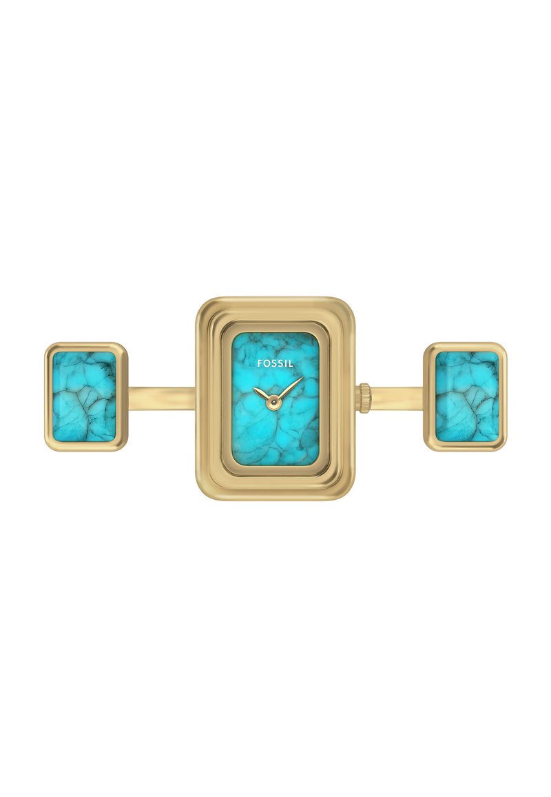 Montre rectangulaire dorée avec un cadran marbré turquoise, comportant deux accents assortis de chaque côté et une petite couronne à droite.