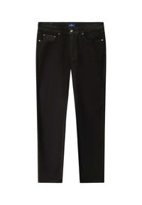 Zwarte katoenen broek met rechte pijpen, voorzien van vijf zakken, een metalen knoopsluiting en opvallende stiksel details.