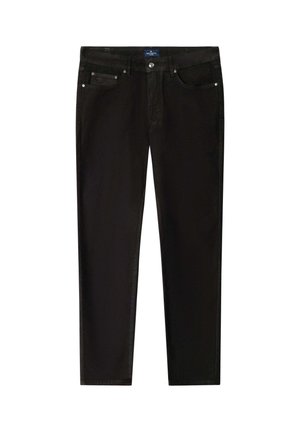 Pantalones de algodón negros con corte recto, que cuentan con cinco bolsillos, cierre de botón metálico y detalles de costura distintivos.