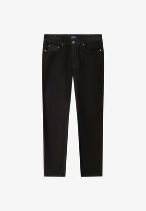 Zwarte katoenen broek met rechte pijpen, voorzien van vijf zakken, een metalen knoopsluiting en opvallende stiksel details.