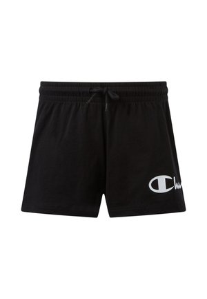 Black elastic waistband shorts with drawstring and white partial logo on lower left leg, designed for casual or athletic wear.