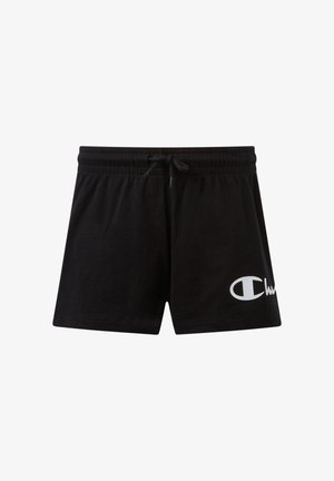 Black elastic waistband shorts with drawstring and white partial logo on lower left leg, designed for casual or athletic wear.