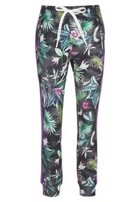 Svarta joggers med ett tropiskt växt- och blommönster, med dragsko i midjan, lila sidoinlägg och elastiska muddar.