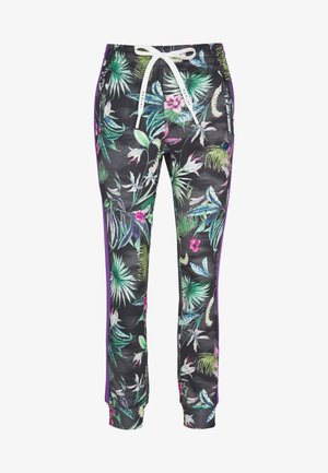 Schwarze Jogginghosen mit einem tropischen Pflanzen- und Blumenmuster, ausgestattet mit einem Kordelzug an der Taille, lila Seitenakzenten und elastischen Bündchen.