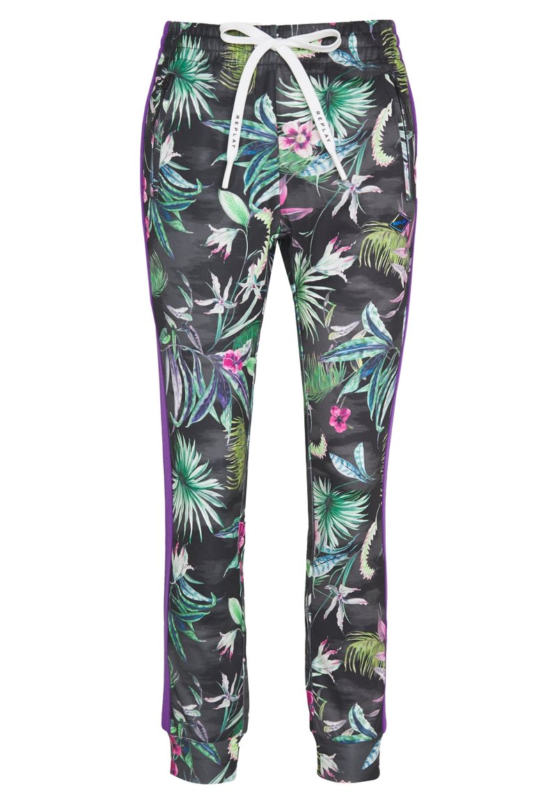 Svarta joggers med ett tropiskt växt- och blommönster, med dragsko i midjan, lila sidoinlägg och elastiska muddar.
