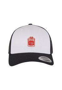 White and black baseball cap with a rounded brim. Features a red embroidered design on the front. Made from fabric with a mesh back.