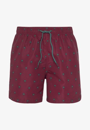 Burgundi ujumisšortid, millel on paelaga vöökoht ja väiksed tealvärvi palmipuu mustrid kangal. Sile ja kerge materjal.