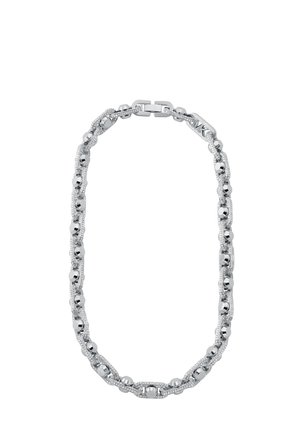 Collana in argento con maglie alternate lisce e testurizzate, accenti sferici lucidi e chiusura a moschettone.