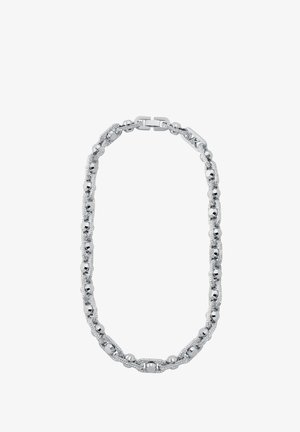 Silverkedja med växlande släta och texturerade länkar, med polerade sfäriska accenter och lås.