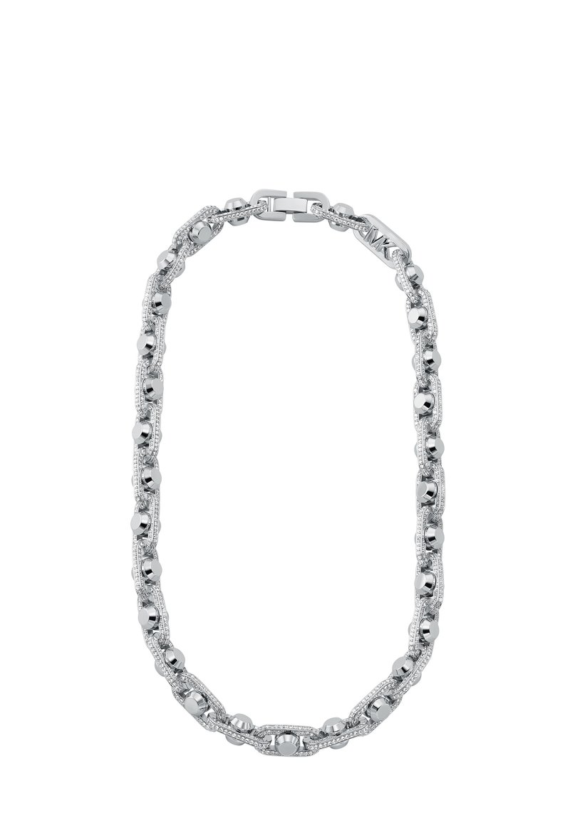 Collana in argento con maglie alternate lisce e testurizzate, accenti sferici lucidi e chiusura a moschettone.