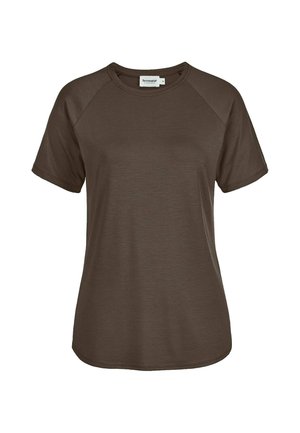 Braunes T-Shirt mit kurzen Ärmeln, Rundhalsausschnitt, Raglanärmeln und abgerundetem Saum, abgebildet auf weißem Hintergrund.
