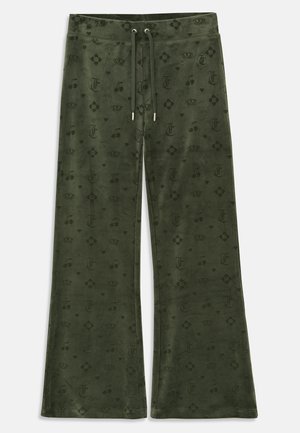 Žalios veliūro kelnės su platėjančia forma, turinčios visą paviršių dengiantį raštą, įskaitant karūnas, vyšnias, širdis ir logotipą, su raišteliu juosmens.