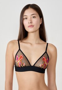 Black mesh bra featuring colorful embroidered birds and floral designs, with adjustable thin straps and a triangular shape.